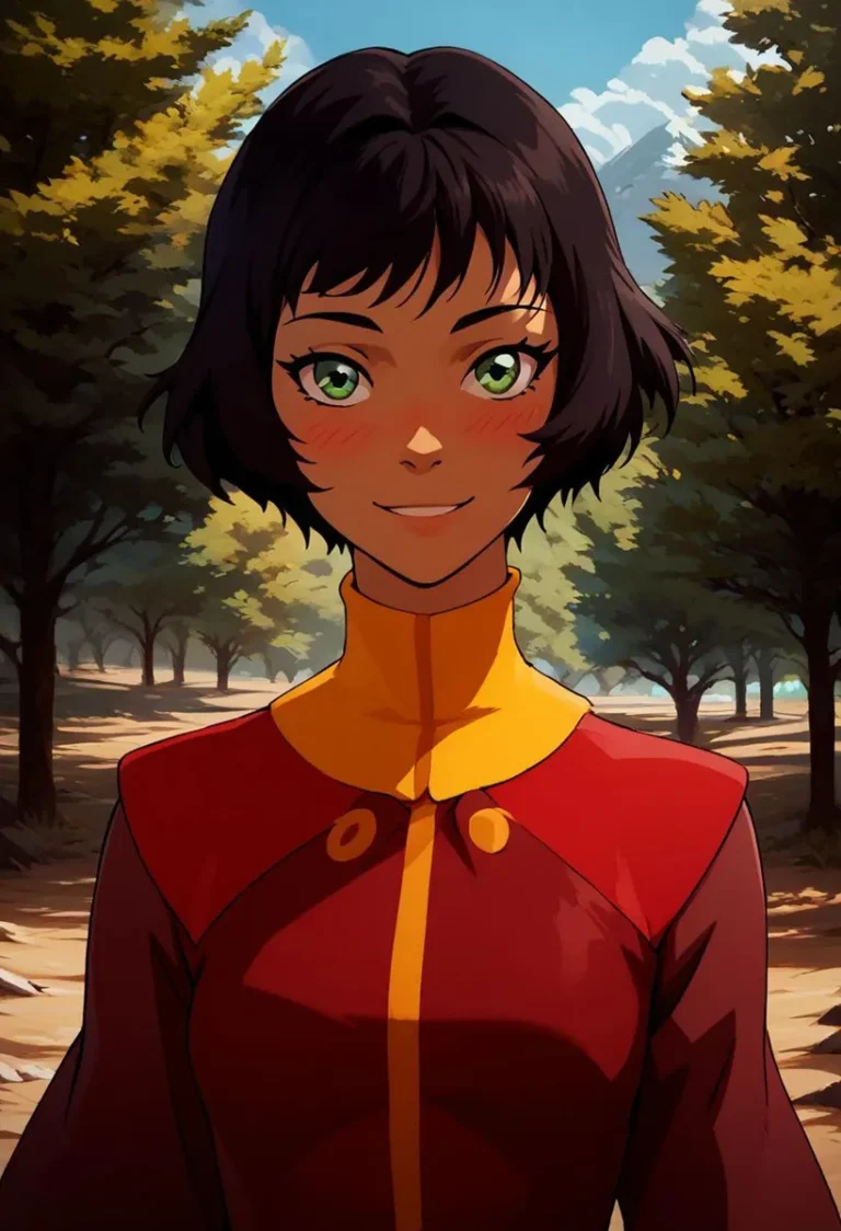Anime-style girl with short black hair and green eyes wearing a red and yellow outfit, standing in a forest path. This AI generated image uses stable diffusion.