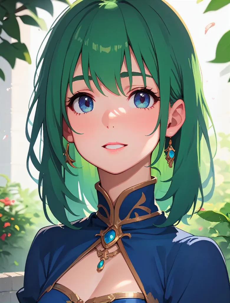 A beautiful anime girl with vibrant green hair and striking blue eyes wearing a blue and gold outfit. AI generated image using Stable Diffusion.
