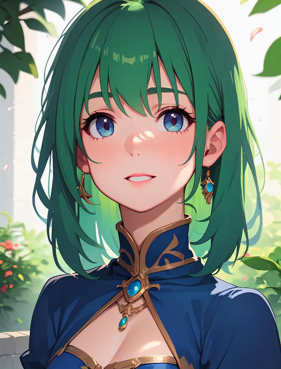 A beautiful anime girl with vibrant green hair and striking blue eyes wearing a blue and gold outfit. AI generated image using Stable Diffusion.
