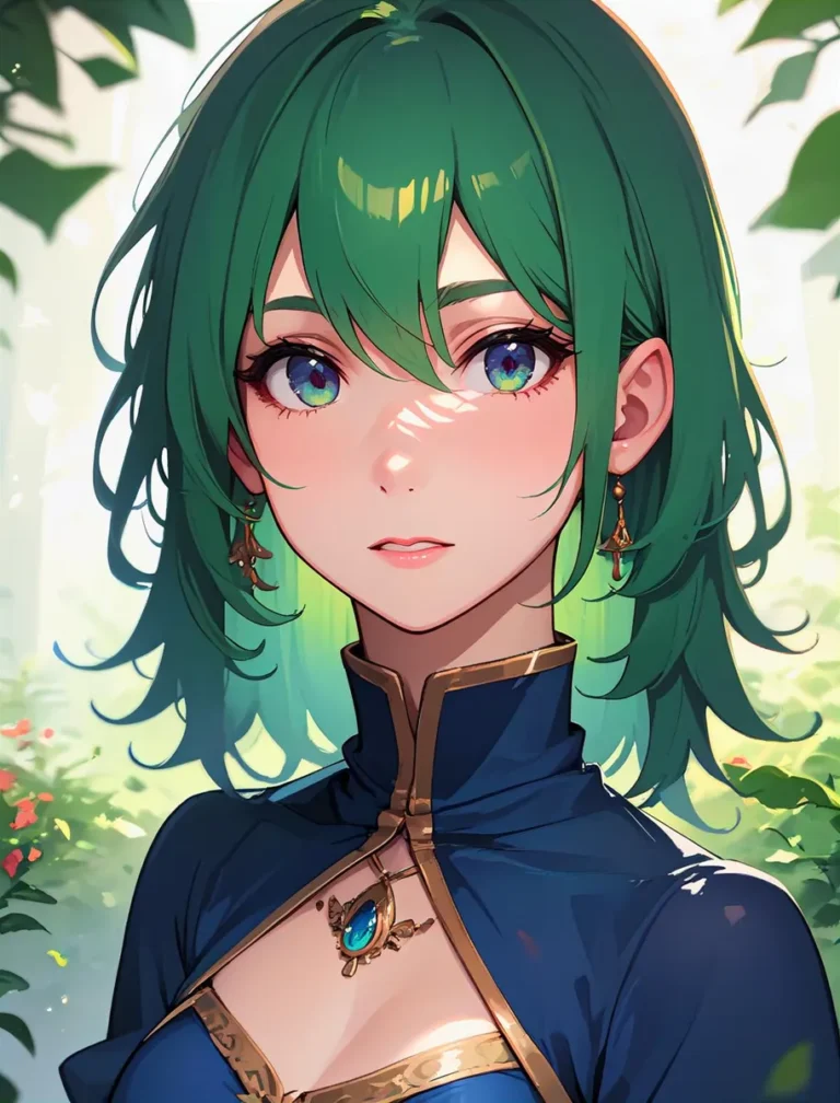 AI generated anime girl with green hair, wearing a blue dress and ornate jewelry, created using Stable Diffusion.