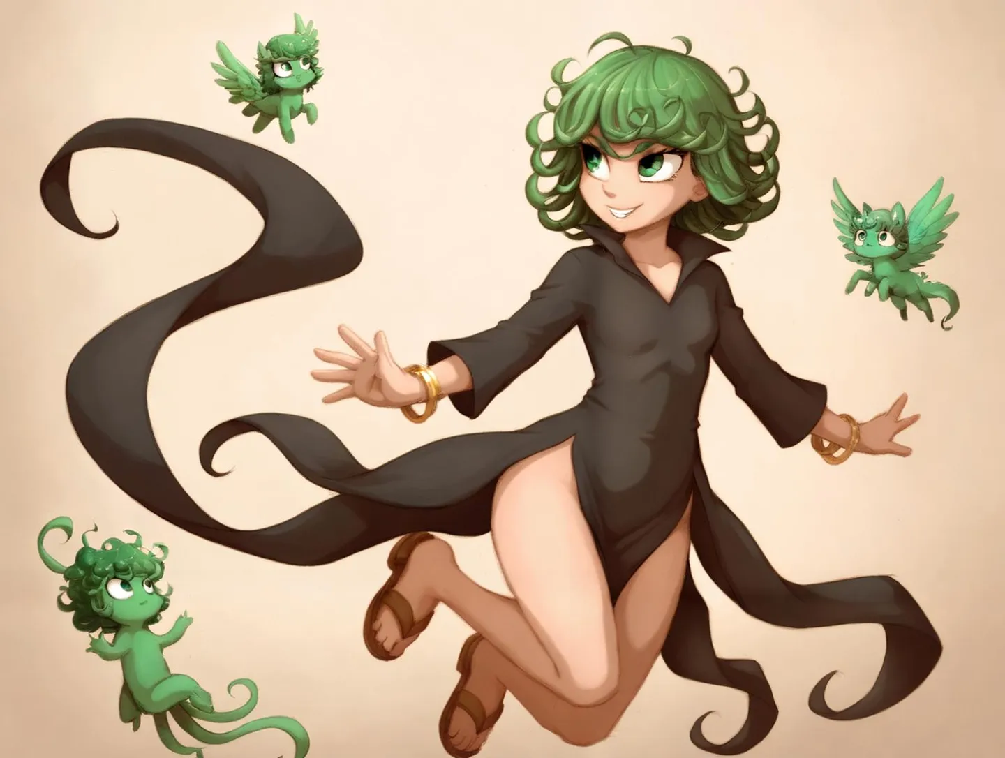 An AI generated image using stable diffusion depicting an anime-style girl with green hair, wearing a black dress, and surrounded by three small fantasy creatures.