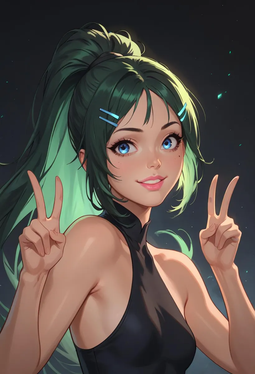 Anime girl with green hair in a ponytail, wearing a black sleeveless top, showing a peace sign with both hands. This is an AI generated image using Stable Diffusion.