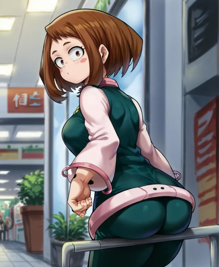 Anime girl in green outfit with short brown hair, generated using Stable Diffusion.