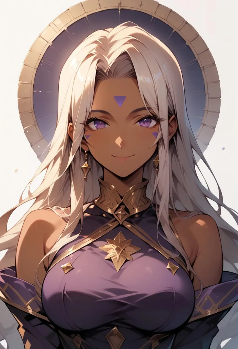 A fantasy character of an anime girl with platinum blonde hair, purple eyes, and a halo, adorned in intricate jewelry and a dark purple outfit. This is an AI generated image using stable diffusion.