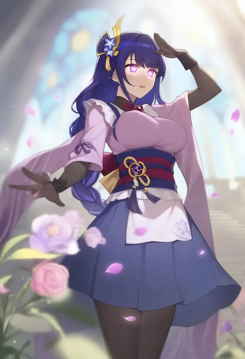 An anime girl with long blue hair, wearing a traditional outfit, holds out her hand with petals in the background. This is an AI generated image using stable diffusion.