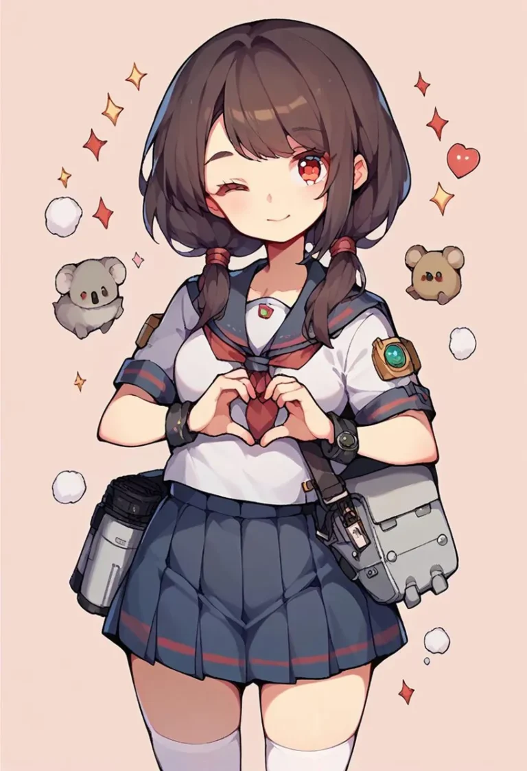 Anime girl in school uniform making a heart sign with her hands, surrounded by small cute koala illustrations and hearts, AI generated using stable diffusion.