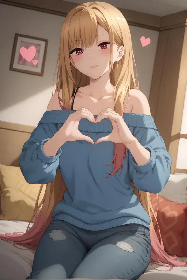 A cute anime girl with long blonde hair making a heart hand sign, wearing a blue off-shoulder sweater and blue jeans. AI generated image using Stable Diffusion.