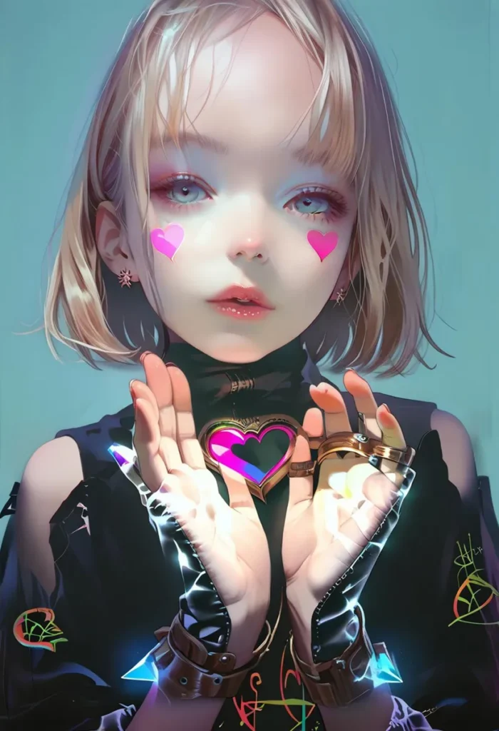 Digital art of an AI generated anime girl with blonde hair, heart shapes on cheeks, and holding a glowing heart symbol in her hands using Stable Diffusion.