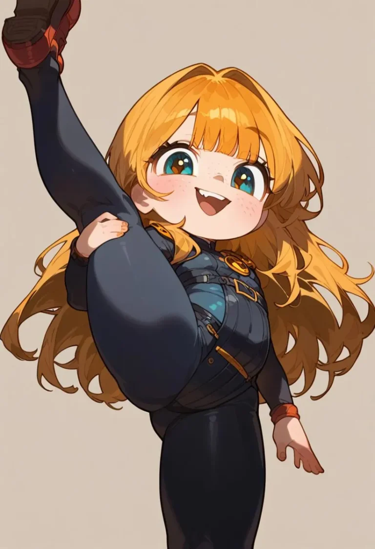 An AI generated image using stable diffusion showing an anime girl with long blonde hair and bright blue eyes. She is happily performing a high kick while wearing a dark blue outfit.