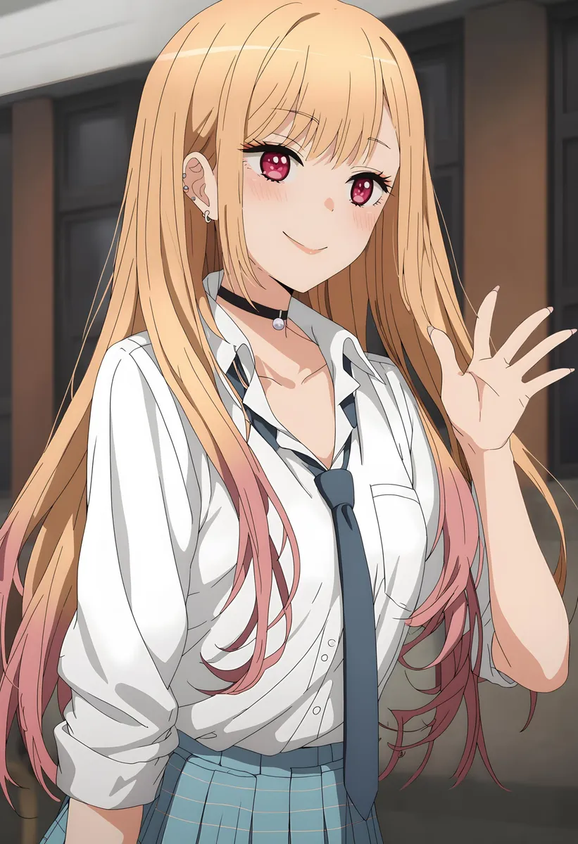 AI generated image using Stable Diffusion of an anime girl with long blonde hair and pink ends, wearing a high school uniform, white shirt, blue skirt, and tie, smiling and waving.