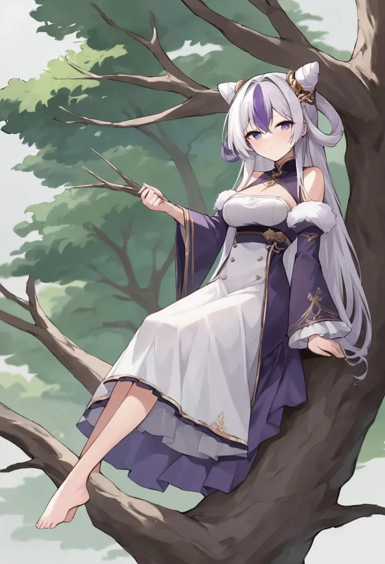 AI generated image using Stable Diffusion of an anime girl with long white hair, goat horns, and dressed in a long dress, sitting on a tree branch in a forest.