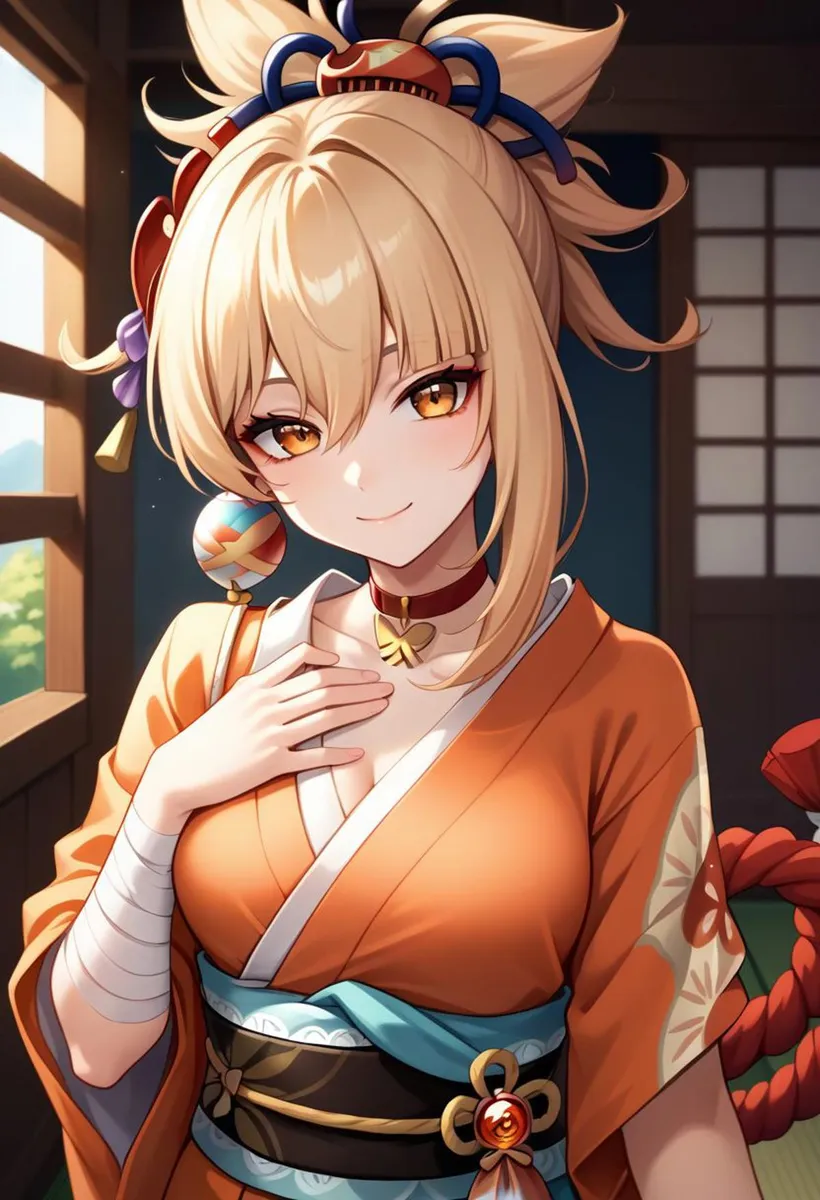 Anime girl with blonde hair and golden eyes, wearing a traditional Japanese kimono with orange and blue colors, and an ornate hair accessory. AI generated image using Stable Diffusion.
