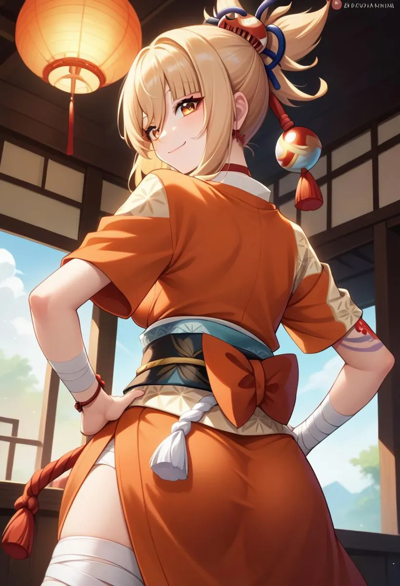Anime girl with blonde hair wearing an orange traditional kimono in a well-lit room with a hanging lantern created with Stable Diffusion.