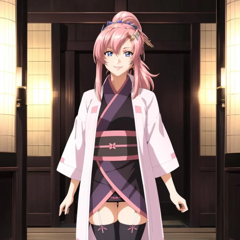 Anime girl with pink hair wearing a black and pink kimono, created using Stable Diffusion.