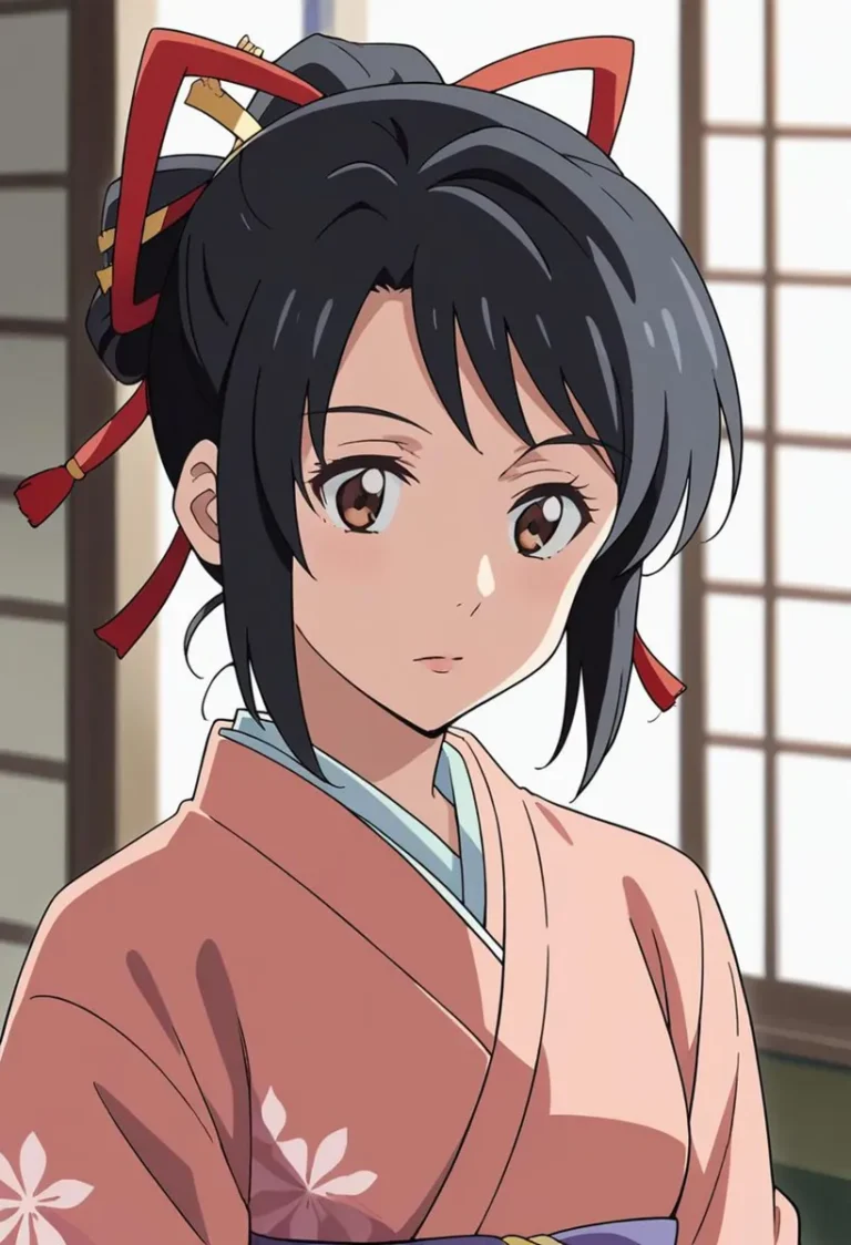 A detailed depiction of an anime girl wearing a traditional Japanese kimono with an intricate hairstyle, AI generated using stable diffusion.