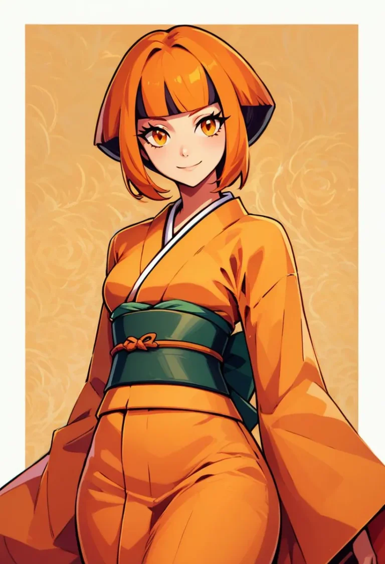 Anime girl with orange hair wearing a traditional orange kimono with a green obi, AI-generated using Stable Diffusion.
