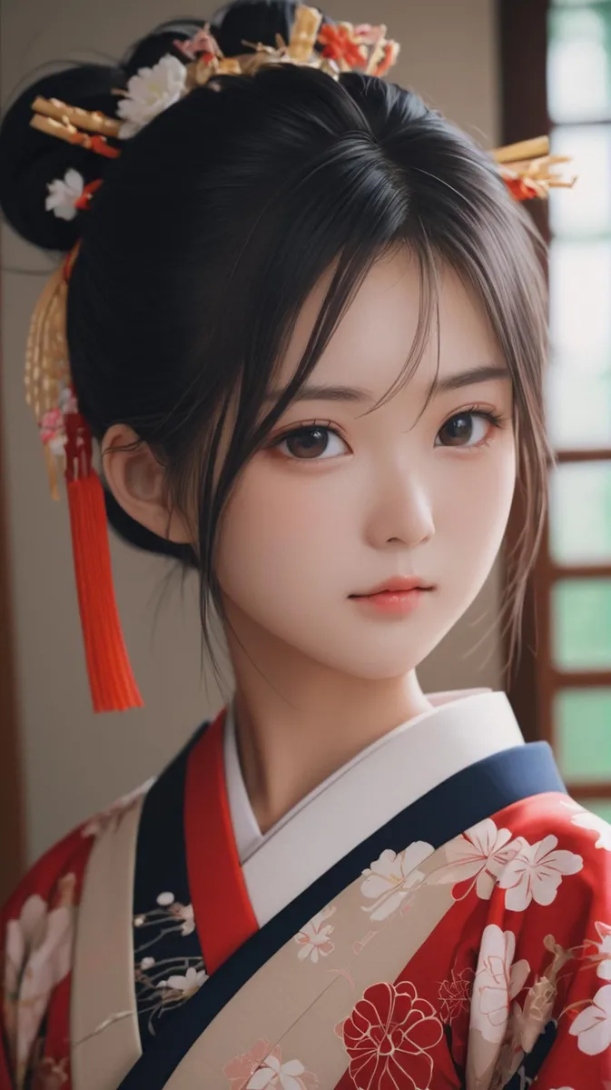 Anime-style girl with dark hair in an ornate updo adorned with flowers and hairpins, wearing a traditional red and beige kimono with floral patterns. AI generated image using Stable Diffusion.