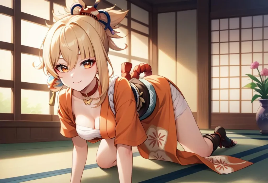 Anime girl dressed in a traditional kimono kneeling on a tatami mat in a sunlit Japanese room; AI generated using stable diffusion.