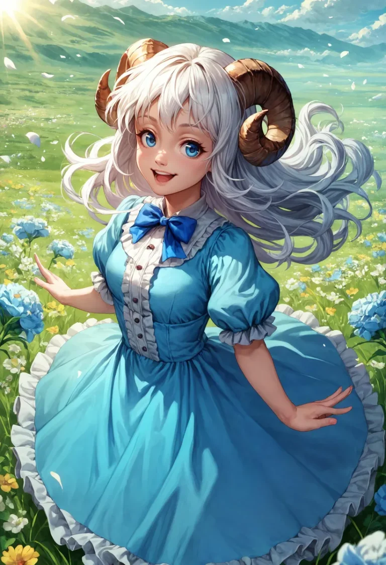 An AI generated anime girl with white hair and horns wearing a blue dress, standing in a vibrant meadow with mountains and a sunny sky in the background using stable diffusion.