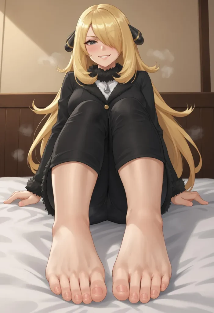 Anime girl with long blonde hair, dressed in a black outfit sitting on a bed with her feet prominently in the foreground. AI generated image using stable diffusion.