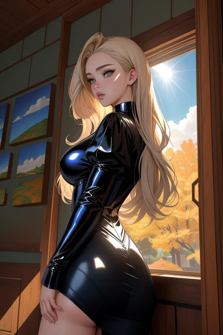 AI generated anime girl with long blonde hair wearing a shiny black latex dress, standing in a sunlit room created using stable diffusion.
