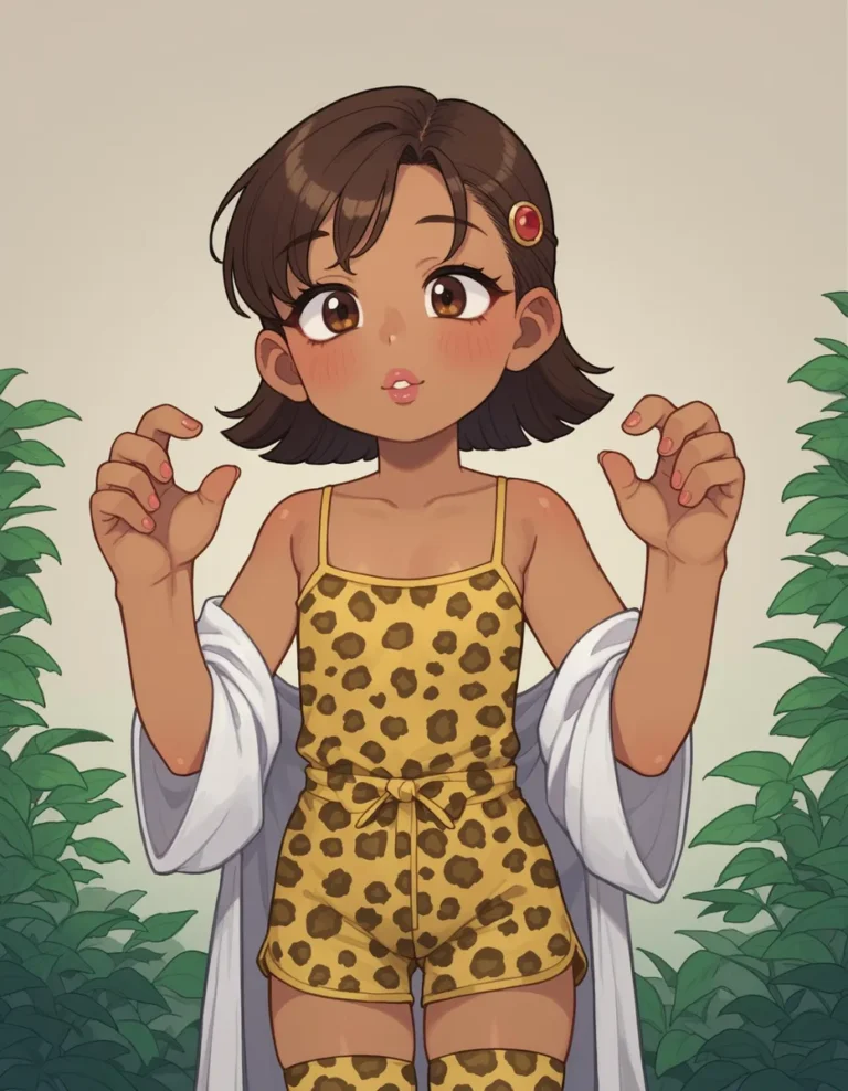 Anime style girl with short brown hair in a yellow leopard print outfit and white robe, AI generated image using stable diffusion.
