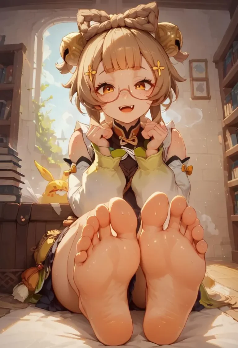 A cute anime girl with glasses and a bow in her hair, sitting barefoot in a library. AI generated image using Stable Diffusion.
