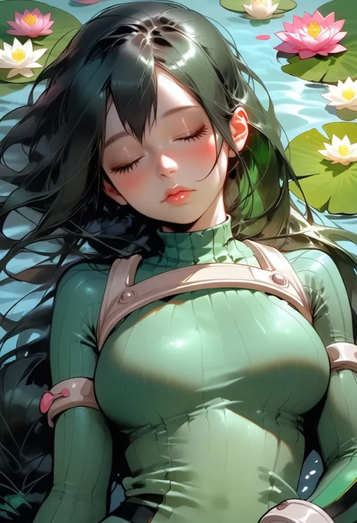 AI generated image of an anime girl with long dark hair in a green outfit surrounded by vibrant lotus flowers on water using Stable Diffusion.