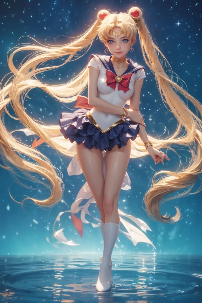 Anime girl dressed as a magical girl with long blonde hair, standing under a starlit sky. This image is created using Stable Diffusion.