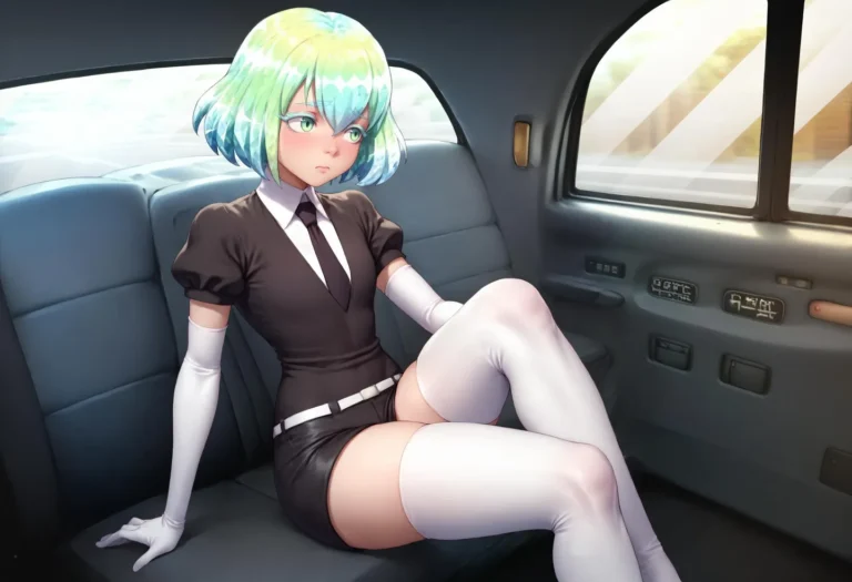Anime girl with green hair in a maid costume with thigh-high white stockings, sitting in a car. AI generated image using Stable Diffusion.