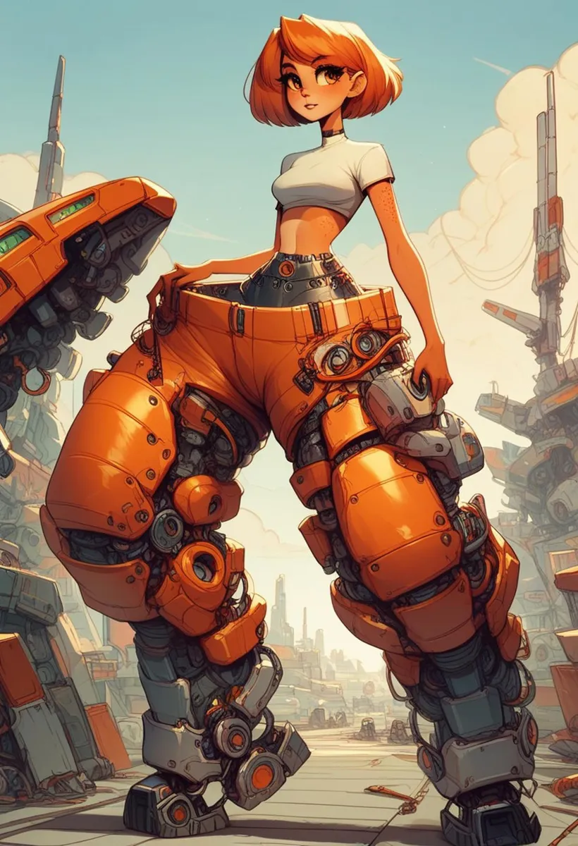 AI generated image of a futuristic anime girl with a short orange haircut, wearing a white crop top and a detailed orange mech suit, standing in a sci-fi cityscape using Stable Diffusion.