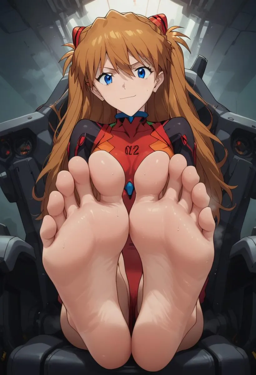 Anime girl with long orange hair and blue eyes in a mecha cockpit, legs extended forward with bare feet visible. AI generated image using Stable Diffusion.