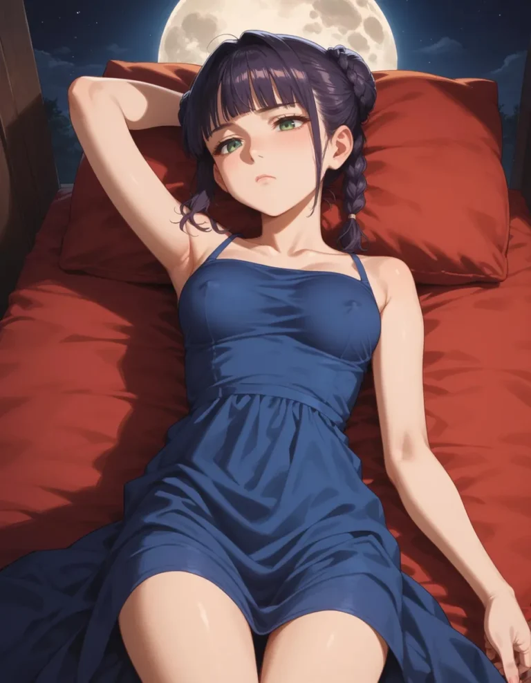 An AI-generated image using Stable Diffusion of an anime girl in a blue dress lying on a bed with a full moon in the background.