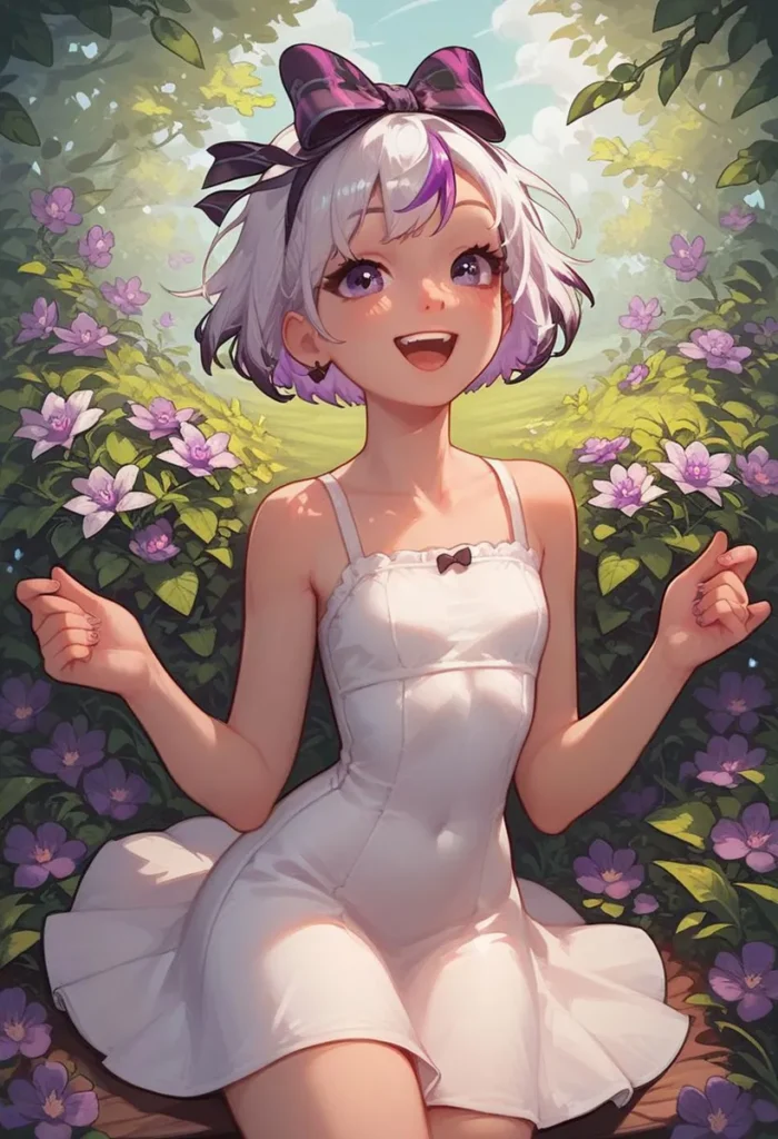 Anime-style girl with short white and purple hair, wearing a white dress, and sitting among purple flowers in a verdant nature setting, AI generated using stable diffusion.