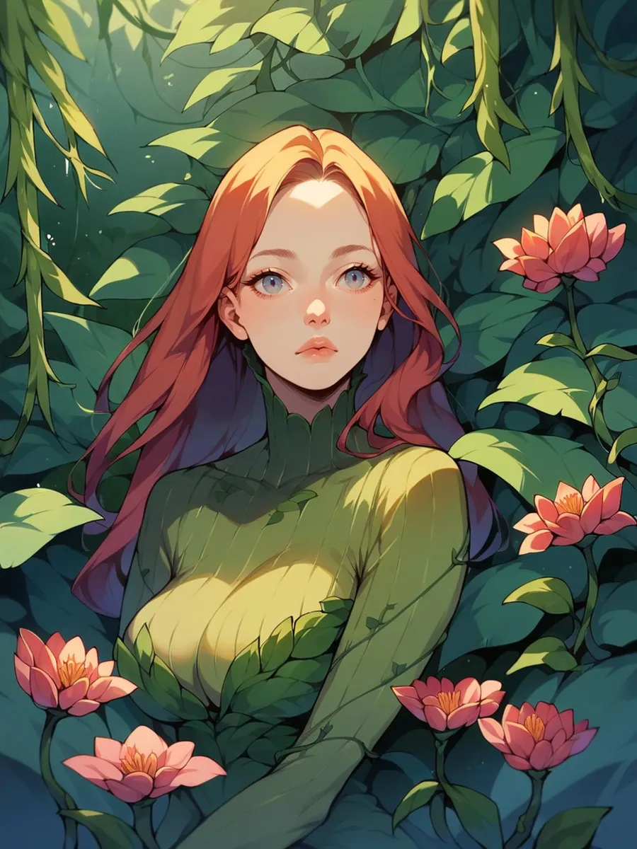 AI generated image using stable diffusion depicting an anime girl with red hair and blue eyes emerging from green foliage and surrounded by pink flowers.