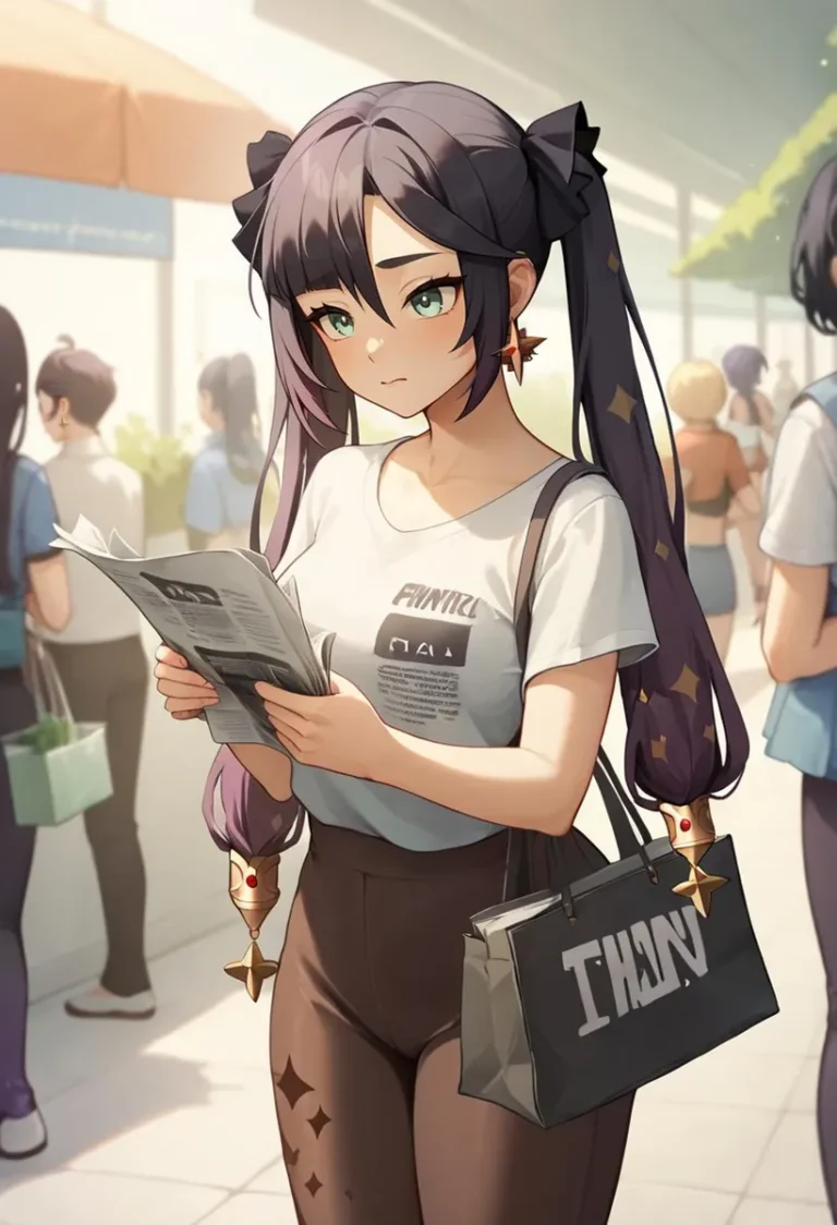 Anime girl with long dark hair and bows, wearing a white T-shirt and dark pants, reading a newspaper while holding a black bag. AI generated image using Stable Diffusion.