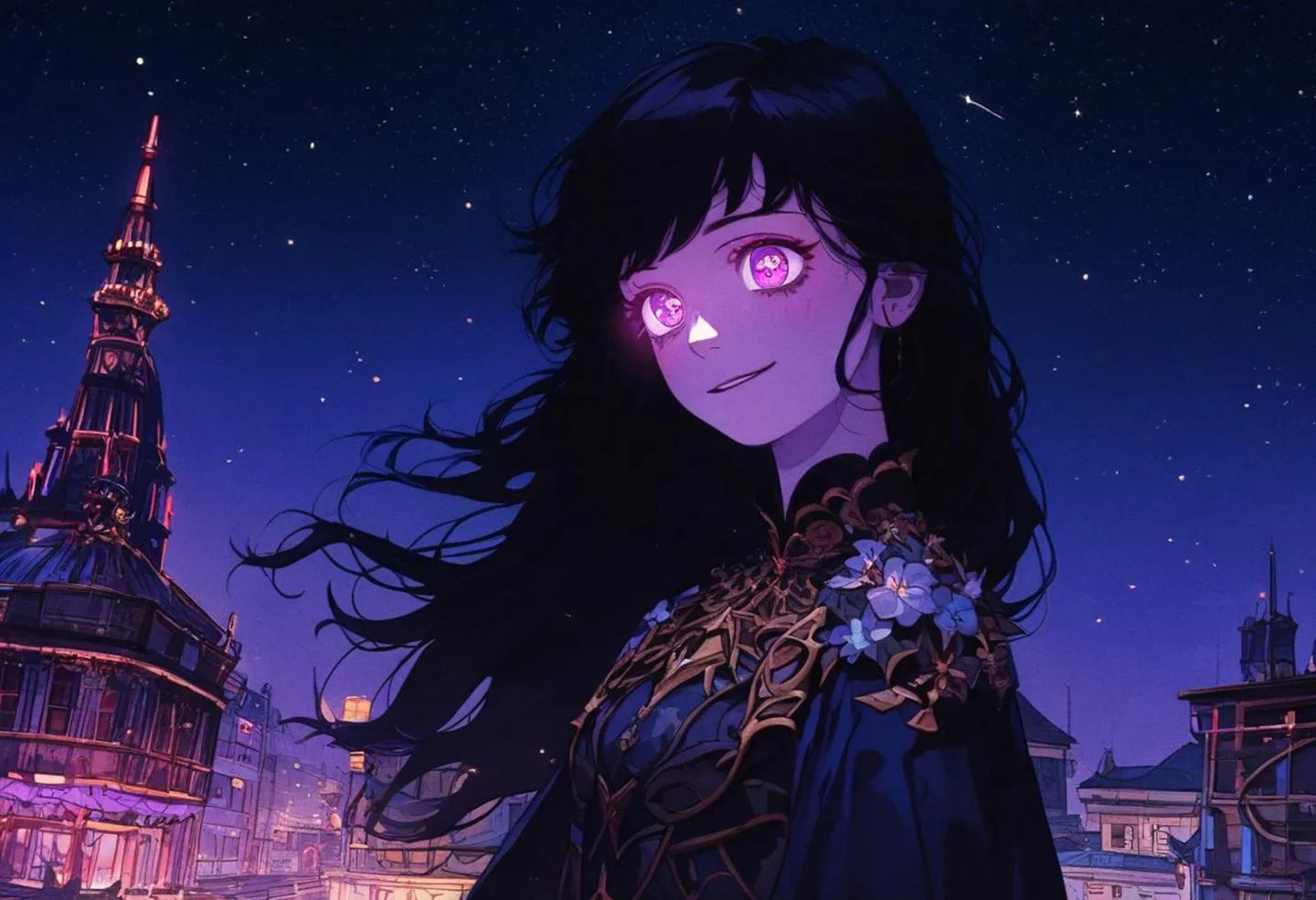 Anime-style girl with glowing eyes and intricate floral designs on her outfit standing in front of a cityscape at night, created using Stable Diffusion.