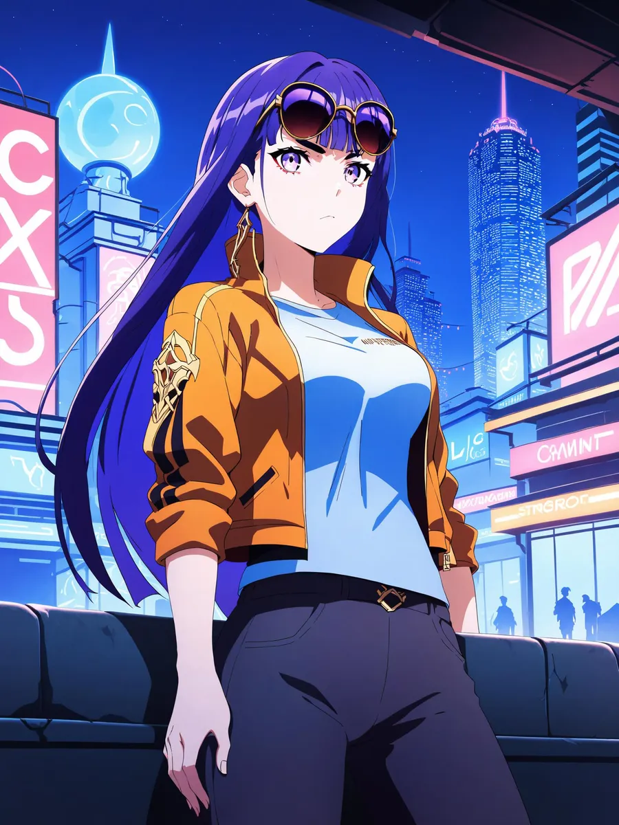 Anime-style depiction of a girl with purple hair standing in a futuristic night cityscape, wearing sunglasses on her head and a yellow jacket. AI generated using Stable Diffusion.