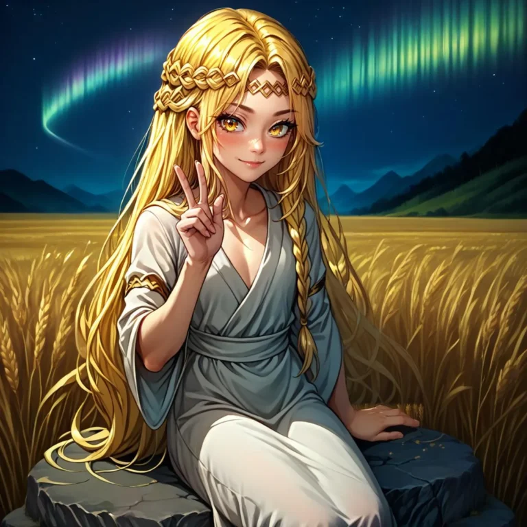 Blonde anime girl with golden eyes making a peace sign. Background consists of a starry night sky and northern lights.