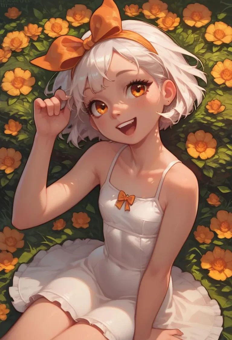 AI generated image using stable diffusion of a cute anime girl with white hair and a large orange bow, smiling while sitting among vibrant orange flowers.
