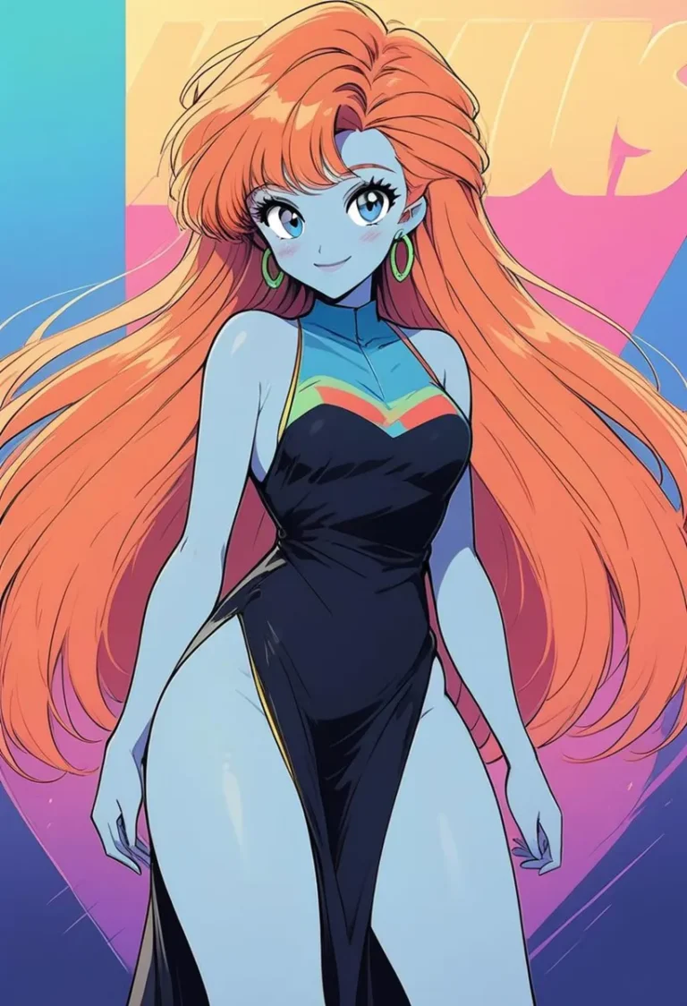 AI generated image using stable diffusion of an anime girl with orange hair, wearing a sleeveless black dress, with a blue background.