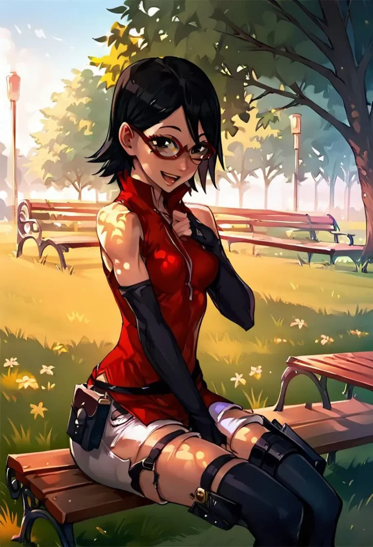 Anime girl with short black hair and red outfit sitting on a park bench surrounded by trees and flowers, created using Stable Diffusion.