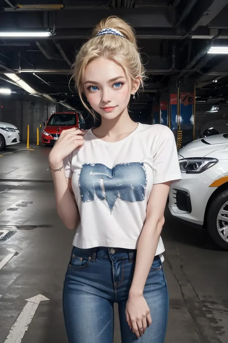 A blonde anime-style girl with blue eyes, wearing a white shirt with a denim heart graphic and jeans, standing in a parking lot. AI generated image using Stable Diffusion.