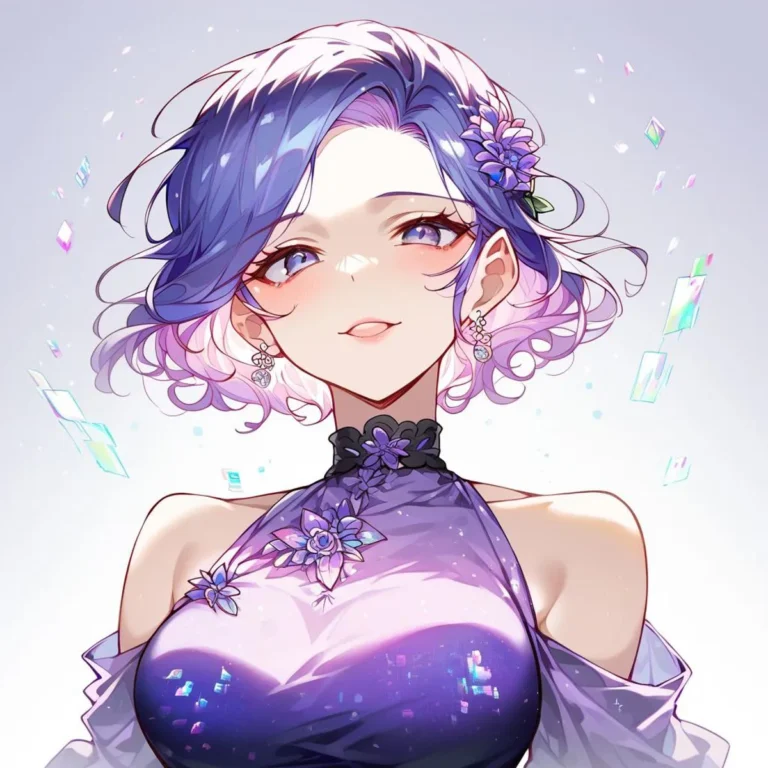 AI-generated image of an anime girl with purple and blue pastel hair, wearing a detailed floral dress, created using Stable Diffusion.