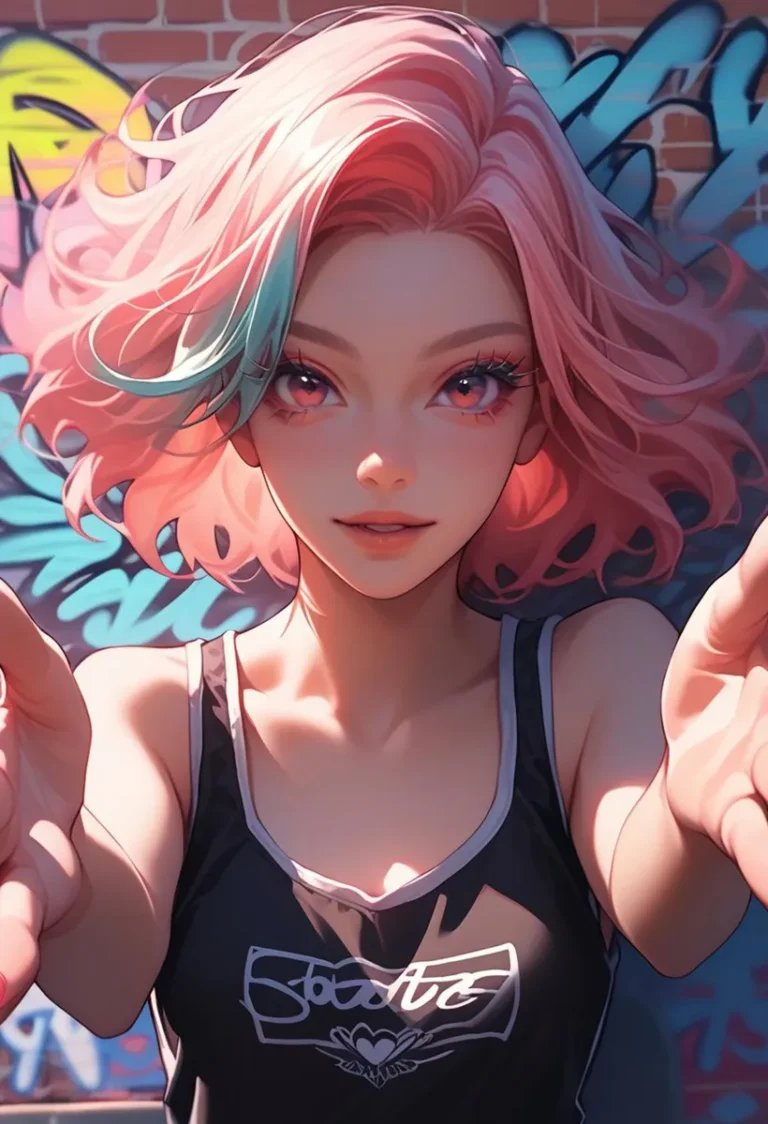 An AI generated image of an anime-style girl with pastel pink and blue hair reaching out her hands, against a graffiti background. Created using stable diffusion.
