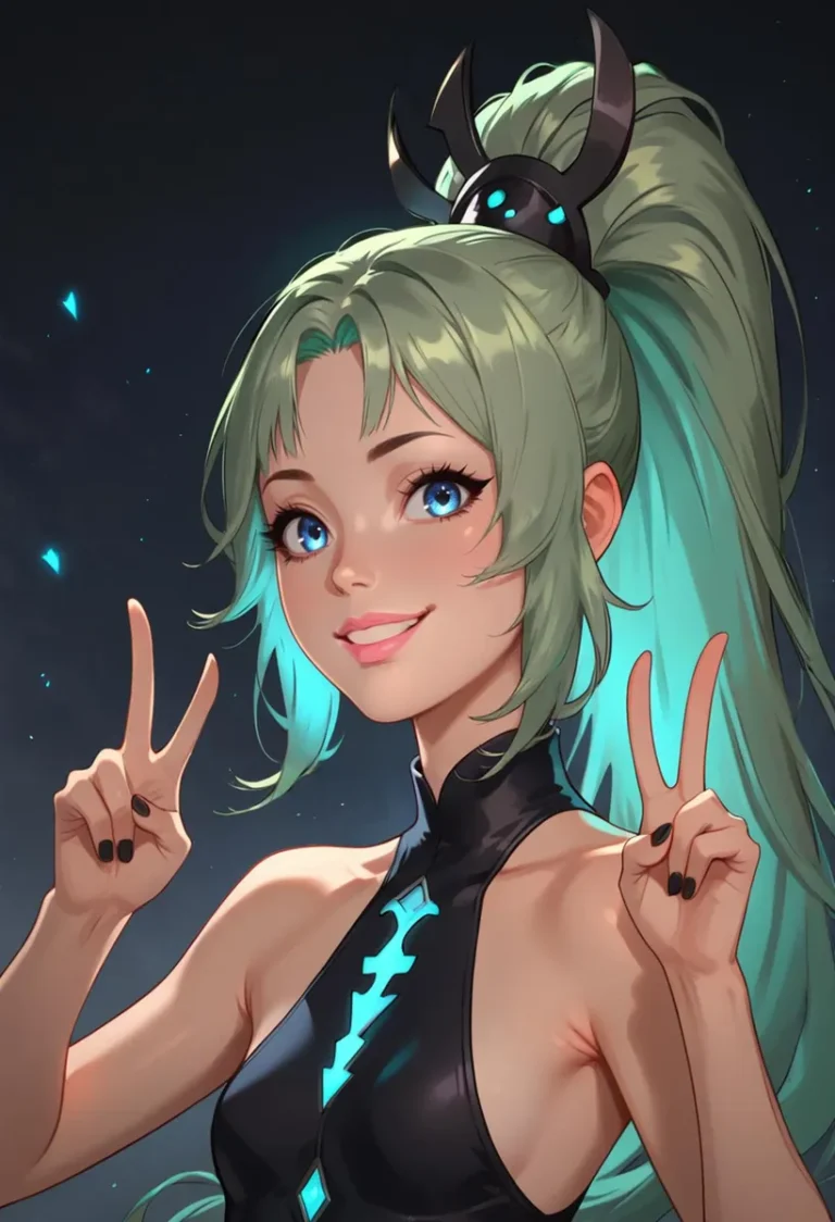 Anime girl with mint green hair, wearing a black outfit, showing a peace sign. AI generated image using Stable Diffusion.