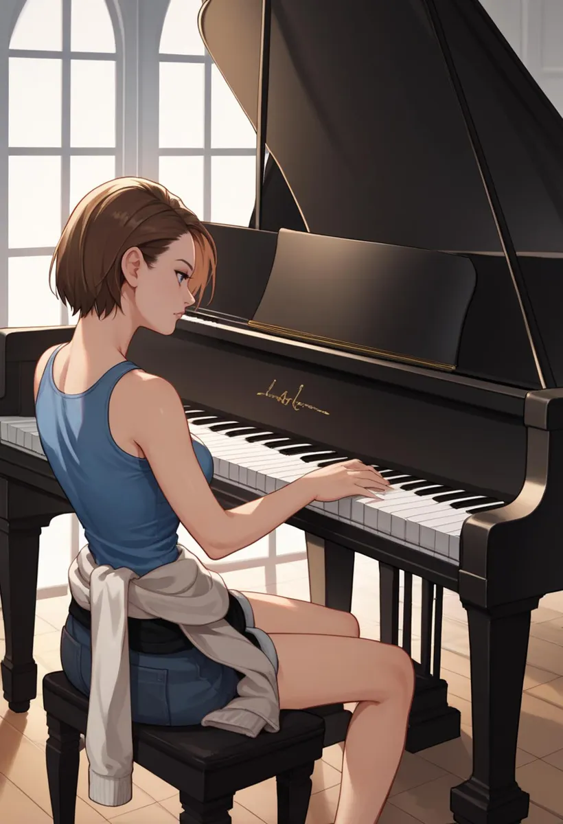 Anime girl sitting at a grand piano in a well-lit room, playing music with a focused expression. The AI-generated image is created using Stable Diffusion.