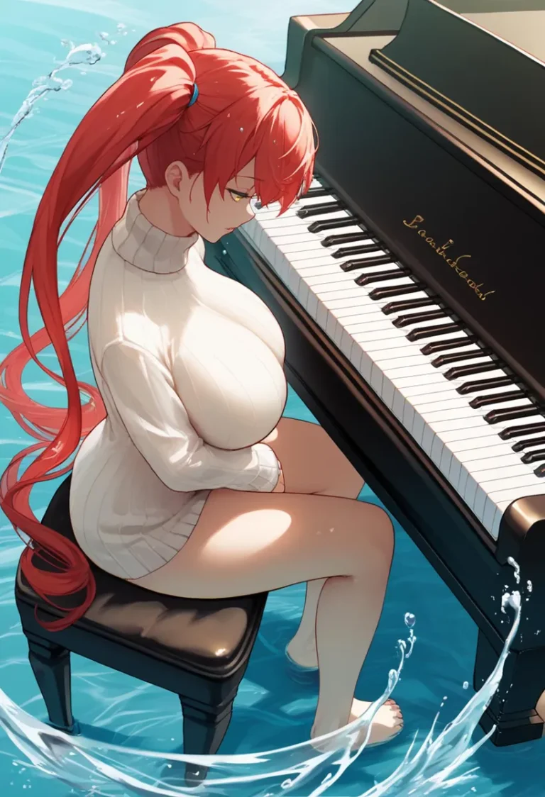 An anime girl with red hair, seated on a stool in water, playing a grand piano. She is wearing a long-sleeve, white sweater and has her hair tied in a ponytail. The image is AI generated using stable diffusion.