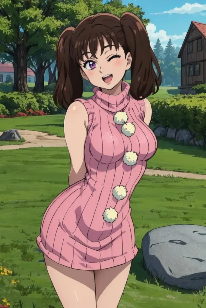 AI generated anime image using Stable Diffusion. A cute anime girl winking, dressed in a pink dress with pom-poms, standing outdoors in a garden.