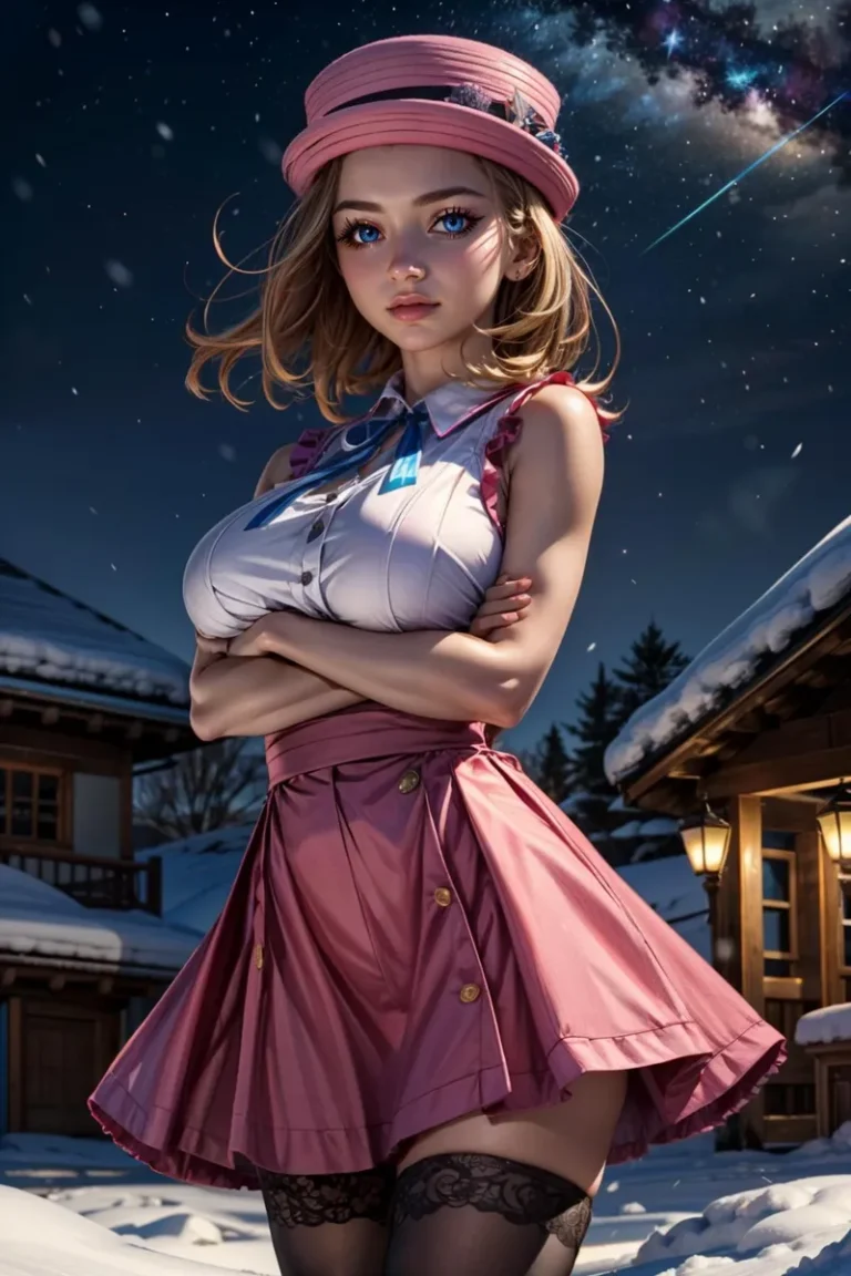 Anime girl with big blue eyes wearing a stylish pink dress and hat standing in a snow-covered winter night, created using Stable Diffusion.